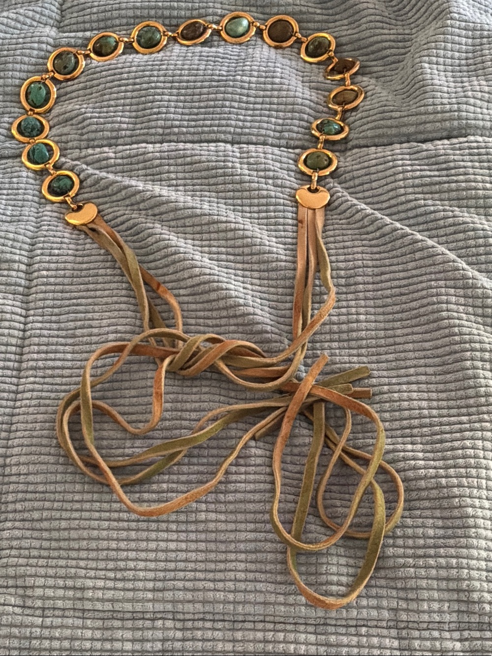 Gold-Tone Belt with turquoise Stone Accents and Tan Suede Ties